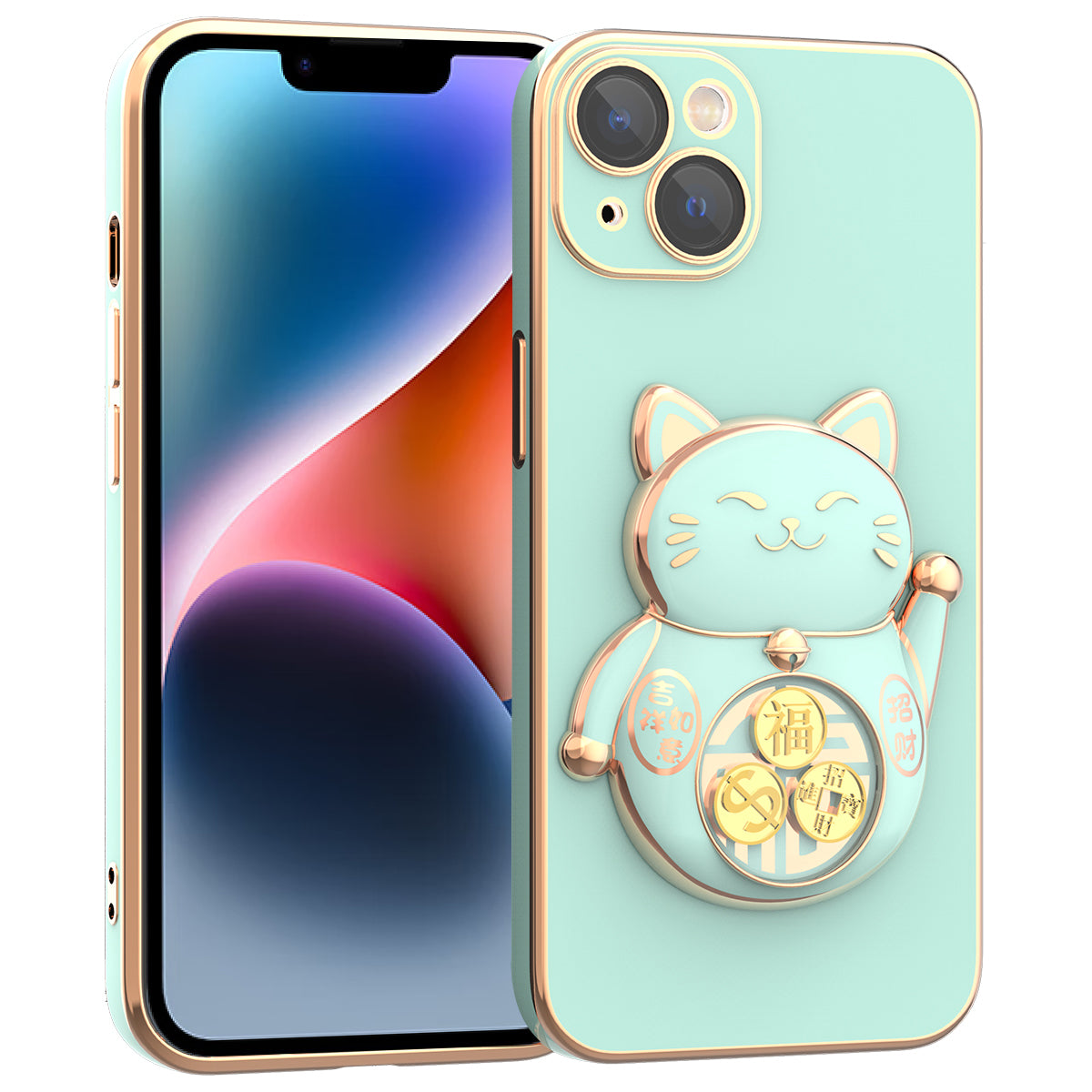 For iPhone 14 Phone Case Lucky Fortune Cat Kickstand TPU+PC Electroplating Phone Cover with Camera Lens Protector - Green For iPhone 14 Phone Case Lucky Fortune Cat Kickstand TPU+PC Electroplating Phone Cover with Camera Lens Protector - Green